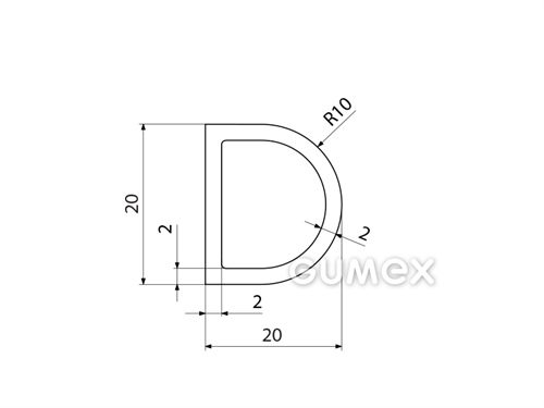 Silikonový profil tvaru "D" s dutinkou, 20x20/R10mm, 60°ShA, -60°C/+180°C, transparentní